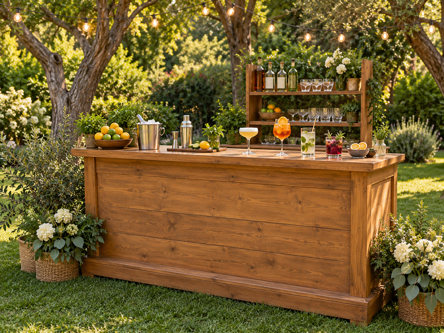 Propuesta ilustrativa de un bar de madera al aire libre con copas, tragos y decoración natural