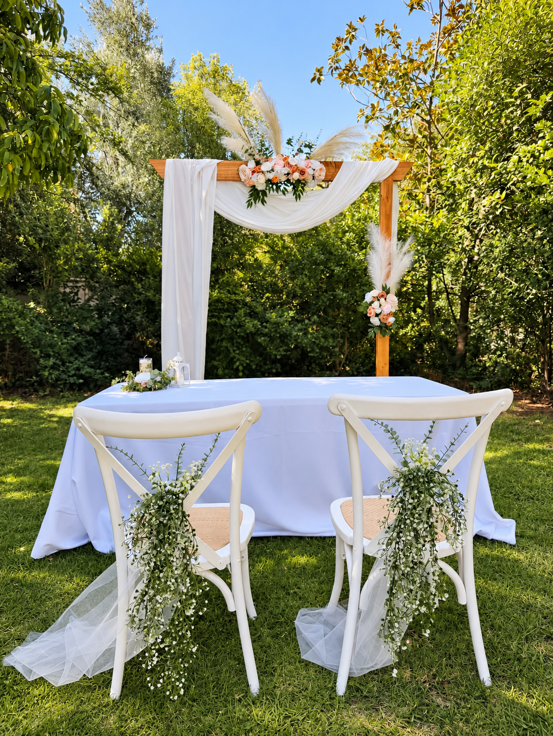 Montaje de matrimonio civil al aire libre en la parcela: arco decorado con flores, mesa blanca y dos sillas