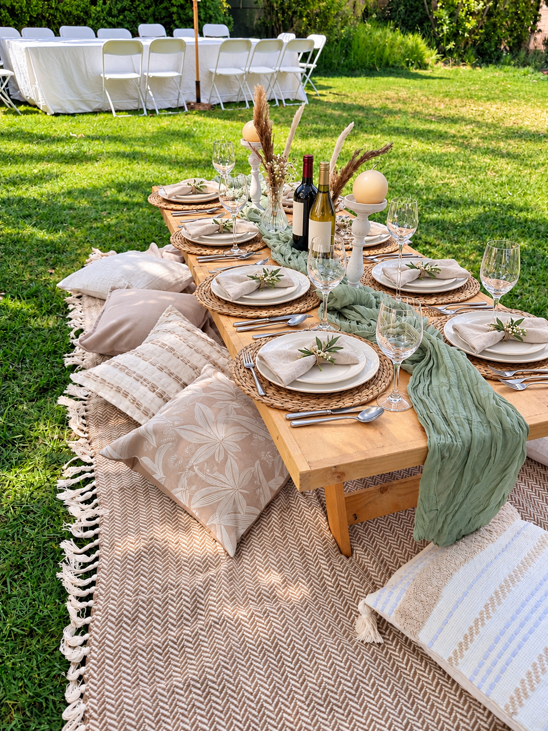 Mesa tipo pícnic con cojines, vajilla, copas, cubiertos y botellas de vino en el jardín de la parcela; ambientación editada digitalmente